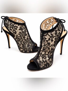 M. Gemi Black Lace “Ninna” Peep-Toe Stiletto Booties - NEVER WORN!